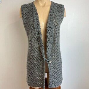 Vintage Crochet Hand Made Knit Sleeveless Vest Grey One size Kitsch Long Duster